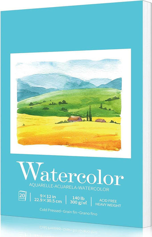 Watercolor Pad for Painting Practice,9"x12",Cold Pressed,Acid Free,Pad for Watercolor Paint,Pencil,Ink,Pastel and Acrylic,Watercolor Sketchbook,20 Sheets,White