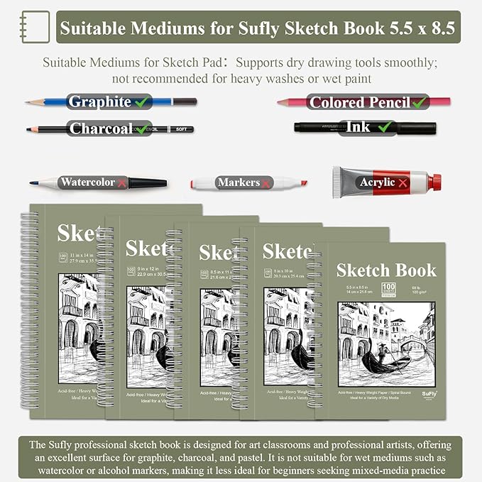 sketch book for kids, small sketchbook, sketch book 5.5 x 8.5, pack of 1 (68lb/100gsm), 100 sheets artist sketch pad, acid free drawing paper, art paper for drawing and painting & adults.