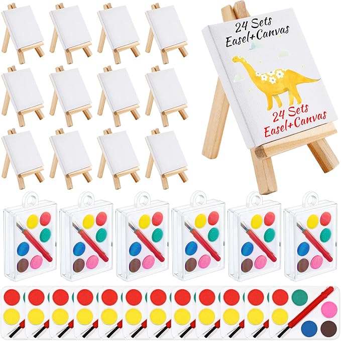24 Sets Mini Paint Canvas Kit Mini Acrylic Art Party Favor Watercolor Painting Set with Panel Wood Easel Small Art Strips Palettes Brush for Kids Adults School Classroom Party Supplies Birthday Gift