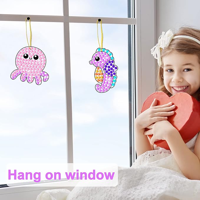 Qyeahkj 6pcs Summer Arts and Crafts Kits for Kids Sea Animal Under The Sea Craft Activities Suncatcher Kit Bulk for Girl Boy at 4-12 DIY Fun Diamond Painting Seahorse Easy Craft Ages 4 5 6 8 10 12