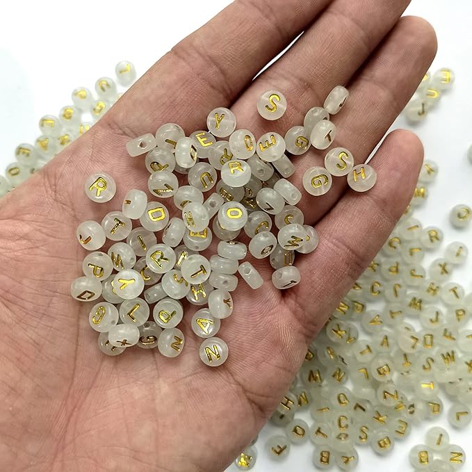 Amaney 1000pcs Alphabet Letter Beads 4x7mm Gold on White Glow in The Dark for Jewelry Making