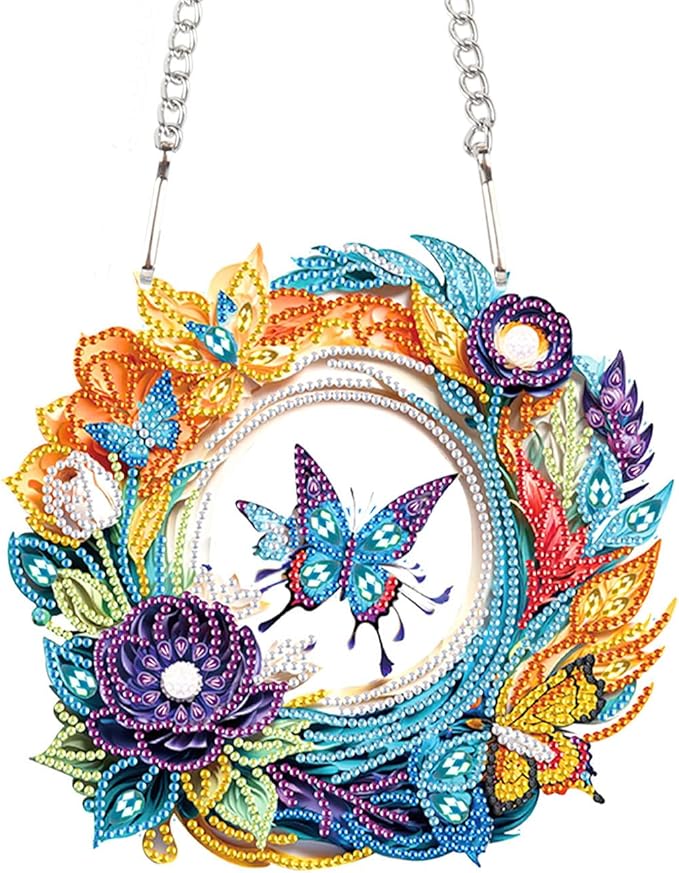 Flower Birdcage Design DIY Diamond Art Painting Wreath Kits Special Shaped Rhinestone Diamond Art Window Pendants Home Garden Wall Hanging Kits (Single Side Point Drill) (#11-Cat) (#14-Butterfly)