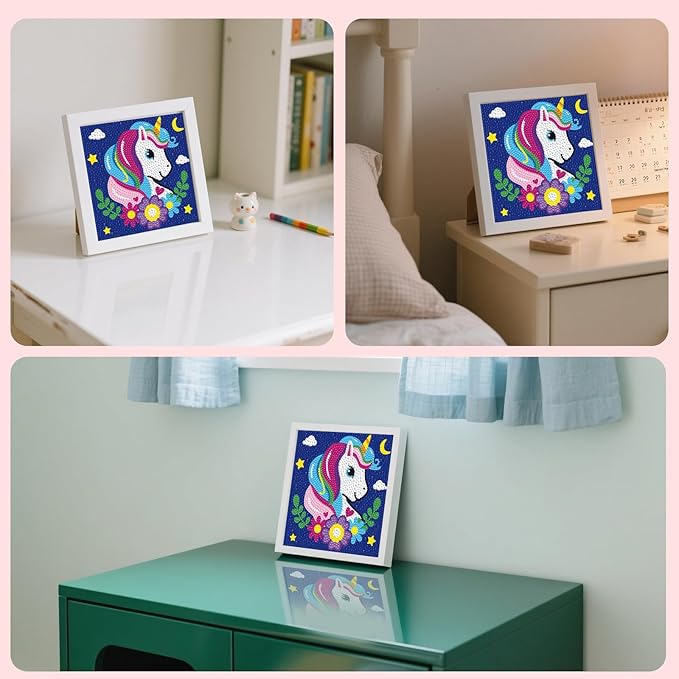 FlyingMage 5D Diamond Art Painting Kits with Wooden Frame, Cute DIY Diamond Art Mosaic Kits for Adults Women Teen, Kawaii Diamond Crafts Arts Full Drill Diamond Dots (Blue Unicorn)