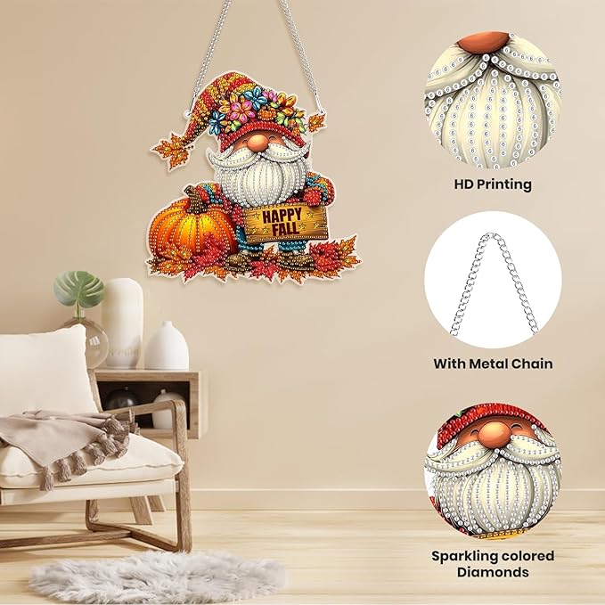 Genius maker Fall Gnome Diamond Art Hanging Kits for Adults, Halloween Special Shaped Diamond Painting Kits, DIY Acrylic 5D Crystal Diamond Gem Art Painting Hanging Ornament for Home Wall Decor