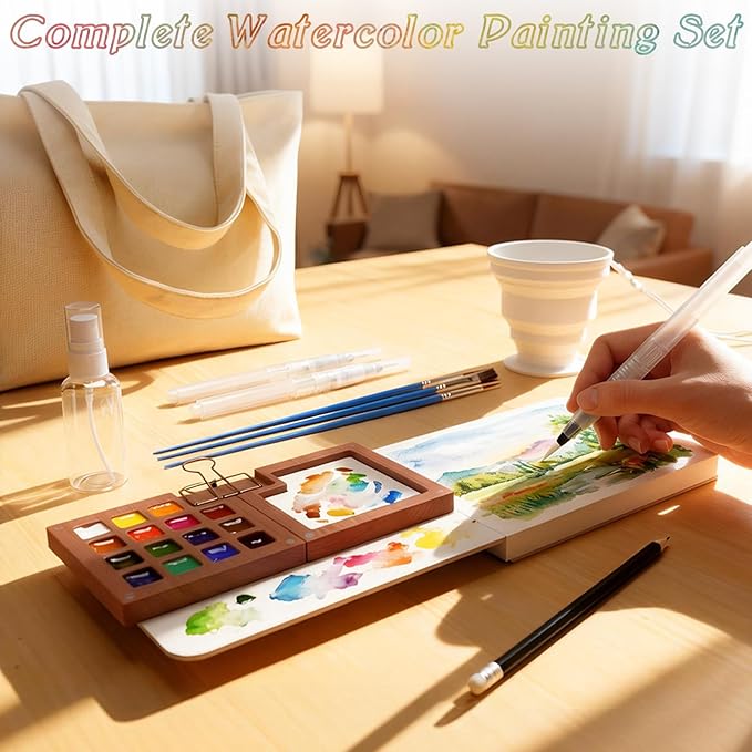 Mini Watercolor Paint Set, Watercolor Travel Set, 24-Color Pocket Watercolor Set with 15 Grids Paint Palette, Watercolor Journal, Cup, Bag, Spray Bottle, Pencil & Water Brush, for Art Lovers