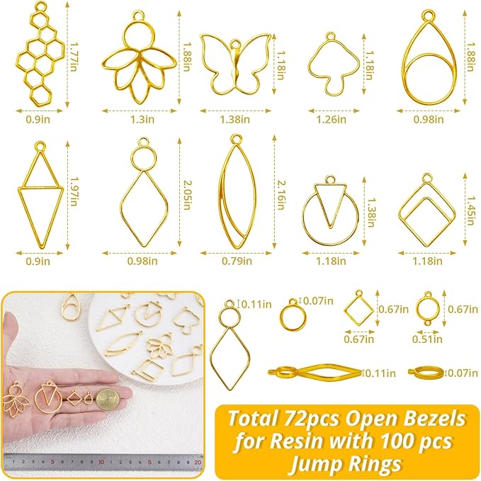 LET'S RESIN 172 pcs Open Bezels for Resin, 2 Size 36 Styles of Gold Hollow Frame Pendants Bezels with 100pcs Jump Rings, Unique Resin Bezels for Jewelry Making, Necklaces Earrings Making Supplies
