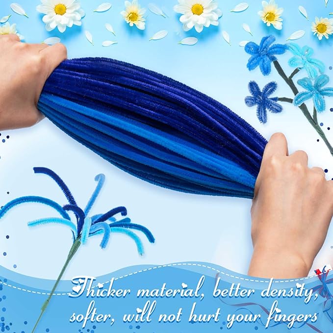 Peryiter 371 Pipe Cleaners Flowers Set, Mixed Colors Chenille Stems Bulk with Floral Wires, Gardening Tape, Stamen for DIY Flower Making Kit, Gift Idea for Mother's Day(Blue)