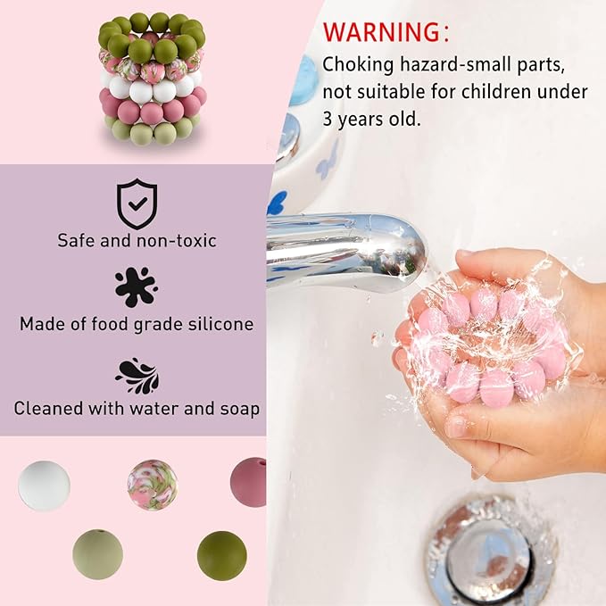 ASTARON 100 Pcs 15mm Silicone Beads for Keychain Making, Pink Green White Beads Bulk Round Beads for Bracelets Crafts Beadable Pens Decorations Jewelry Making Supplies