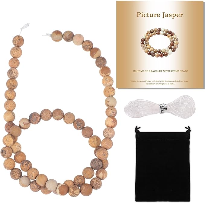 Stone Beads, 60pcs Matte Picture Jasper, 6mm Round Loose Beads for Jewelry Making, Bracelets, with Bag, String & Card