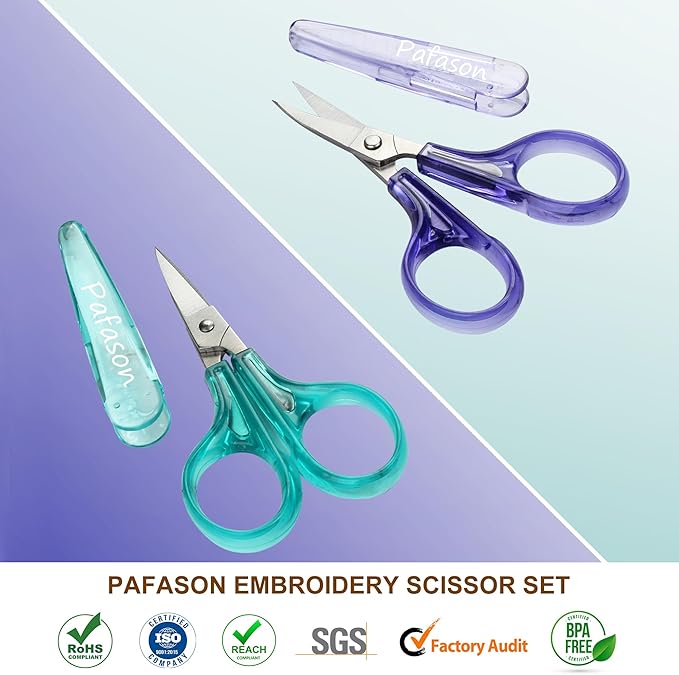 PAFASON Small Travel Embroidery Scissor Set Curved Straight Tip All Purpose for Quilting Sewing Knitting Crafting Cross Stitch Crochet Thread Yarn Paper Fabric Detail Multipurpose Cutting Safety Case