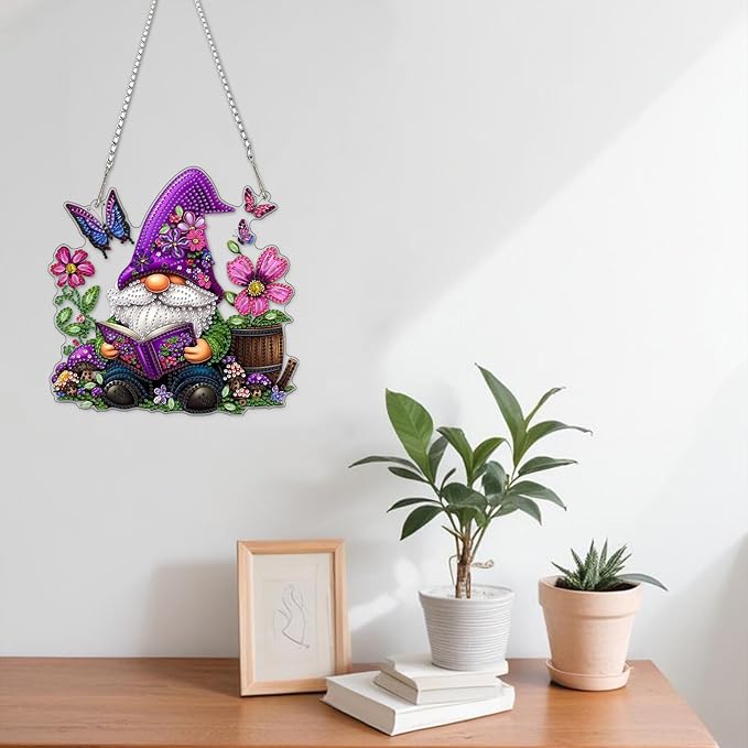 NAIMOER Diamond Art Hanging Kits for Adults, Gnome Flower Diamond Art Suncatchers, 5D Special Shape Fall Diamond Painting Pendant Window Ornament Gifts for Home Garden Door Wall Decor