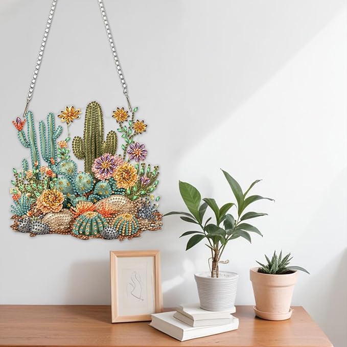 NAIMOER Diamond Art Hanging Kits for Adults Cactus 5D Special Shaped Rhinestone, DIY Acrylic Diamond Art Painting Window Pendants Home Garden Wall Hanging Ornament Kits, Double Sided