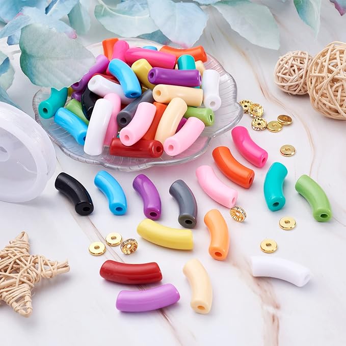 75Pcs Acrylic Chunky Tube Beads with Rondelle Brass Rhinestone Spacer Beads & Elastic Crystal Thread, 15 Colors Large Hole Opaque Curved Tube Beads for Bamboo Bangles Bracelet Jewelry Making