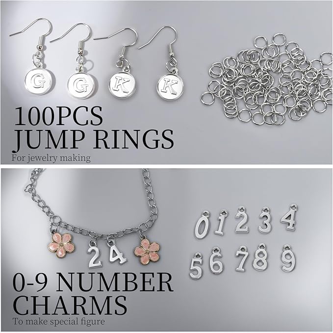 LEOBRO Letter Charms, 376 Pcs Silver Charms for Keychain Making, Bracelet Necklace Charm & Jump Rings, Jewelry Making Supplies, Silver