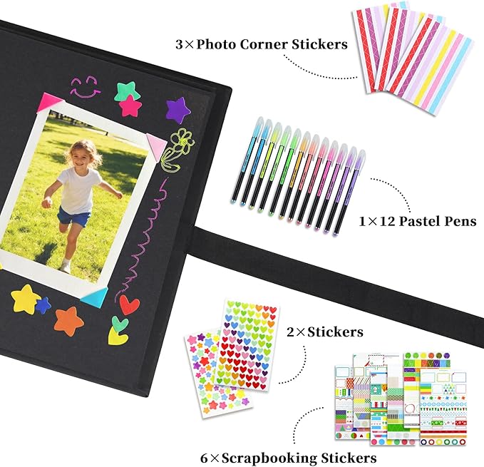 Vienrose Scrapbook Album 80 Pages, DIY Photo Album with Accessories, Black Kraft Paper Memory Book for Wedding, Birthday, Travel, Valentine, Mother’s Day, 11x8 Inches