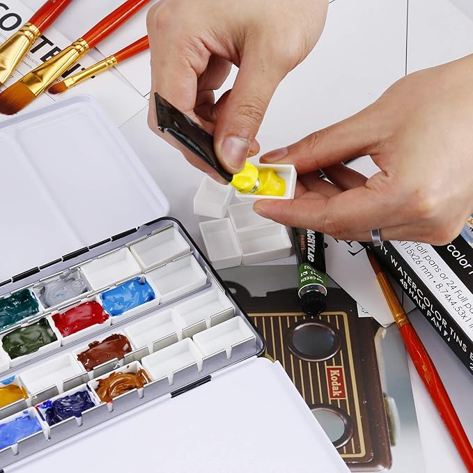 LOONENG Metal Watercolor Tin with Fold-Out Palette, Large Tray Palette with 28 Empty Full Pans for Plein Air, Acrylic and Oil Painting