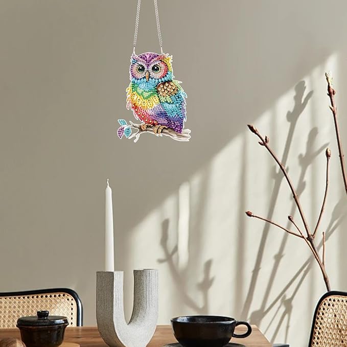 TDFERAN Diamond Painting Pendant DIY Colorful Owl Diamond Art Hanging Artwork Decoration Kit Garden Window Handmade Hanging Ornaments, Adult Painting Craft Gem Pendant Wall Home Decor