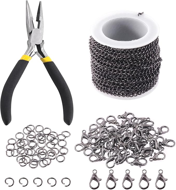 Keadic 102Pcs 30 Feet Jewelry Making Chains Kit W 3mm Metal Necklace Twisted Links Chain, Lobster Clasps, Open Jump Rings and Jewelry Pliers for Bracelet Earring Anklet DIY (Gun-Metal)