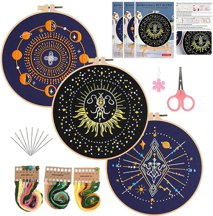 konrisa 3 pcs stamped embroidery starter kit for adults beginners, universe planet pattern cross stitch kits, diy sewing practice kit, needlepoint kits include 1pcs hoops, hanging decoration for home