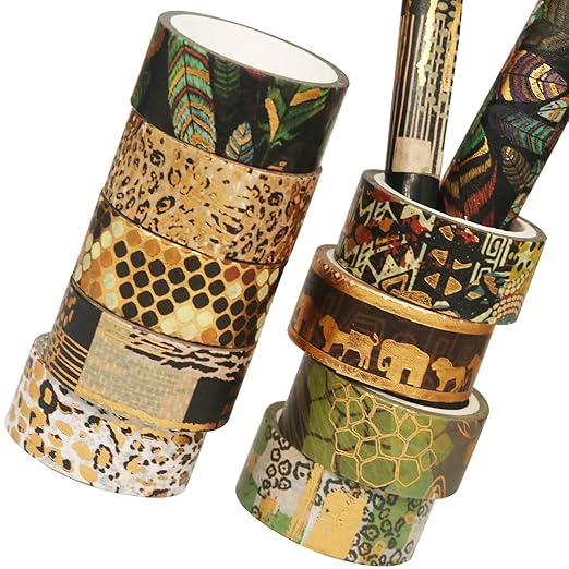 YUBX Wild Animals Washi Tape Set 12 Rolls Gold Foil Print Decorative Masking Tapes for Arts, DIY Crafts, Journals, Planners, Scrapbook, Wrapping (African Migration)