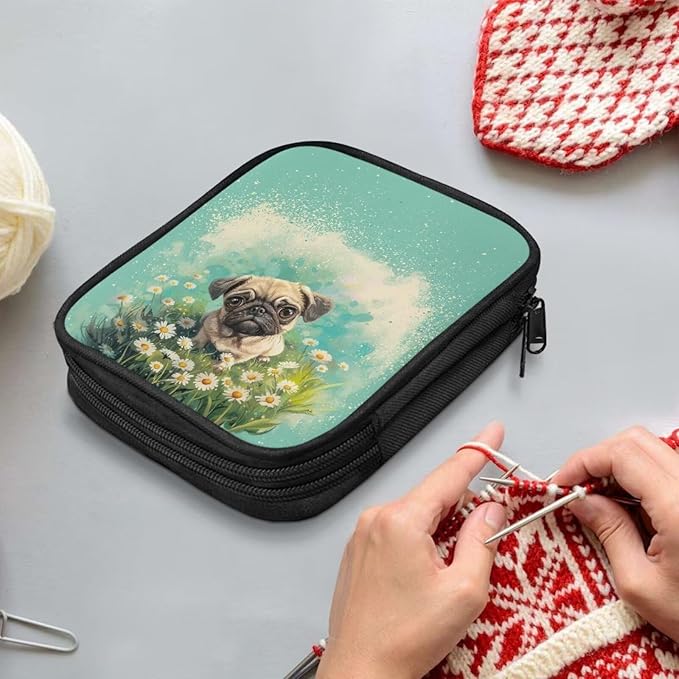 Hechitok Bulldog Floral Crochet Hook Case, Zipper Storage Organizer Bag with Web Pockets for Crochet Needles/Knitting Accessories/Crochet Hook Kit Tools Easy to Hold