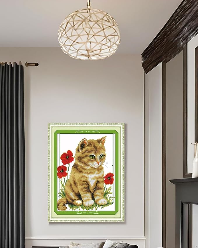CaptainCrafts Cross Stitch Kits Counted Cross Stitch Unprinted Fabric Cross Stitching DIY Art DMC Needlecrafts Embroidery Kit for Adults Beginner (White, Cat and Poppy)