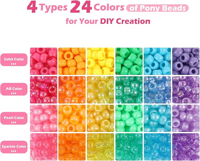 Kandi Beads Bracelet Making Kit, 720pcs Rainbow Pony Beads for Jewelry Making DIY Crafts for Women, Hair Bead for Braids with 3 Hair Beaders Rubber Bands