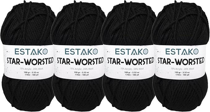 Estako Star-Worsted Yarn - (4 Skeins Pack) - 75% Acrylic 25% Wool - Soft Medium Weight #4 - (4 x 3.52 oz / 4 x 186 yds) - Crochet & Knitting Yarn (40978 -Black)