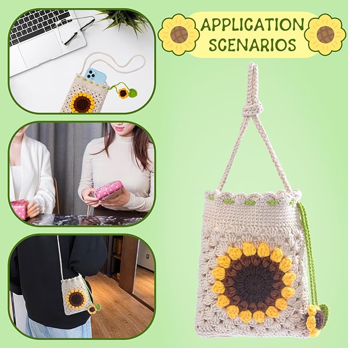 Pnytty Crochet Kit-Bag for Beginners, DIY Crochet Flower Bag Starters Craft Kniting Kits for Adults Include Crochet Yarn Hook Tools Supplies and Easy Step-by-Step Video Tutorials (Beige)