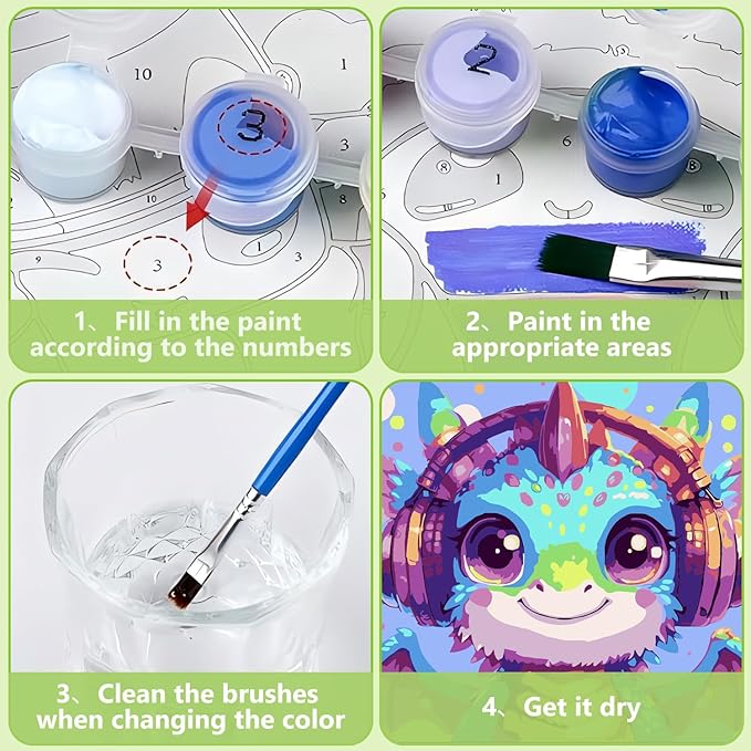 Reivworl Paint by Numbers Kit for Kids with Frame and Easel, Dragon Paint by Number for Kids Age 6-8-12, Acrylic Paint by Numbers for Gifts and Home Decor (8X8inch)