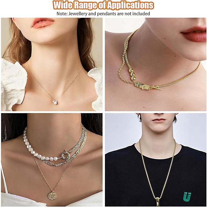 Fesorsi Gold Necklace Chain for Jewelry Making, 46ft 6 Style Rolled Steel DIY Jewelry Chain Roll Bracelet Bulk Link Plated Permanent for Earring Anklet Craft with Jump Ring, Lobster Clasp, Pliers