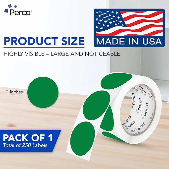 perco green 2-inch perforated circle dot sticker labels — 250 round stickers per roll — with permanent adhesive for organizing, color coding, bin labeling, packaging alerts — made in usa