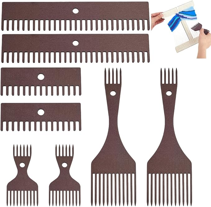 AHANDMAKER 8-Piece Wooden Weaving Loom Comb Kit for Blanket Making, Natural Wood Tapestry Beater Comb for Knitting Handcraft Tapestry Rug Christmas Home Decoration, Coconut Brown