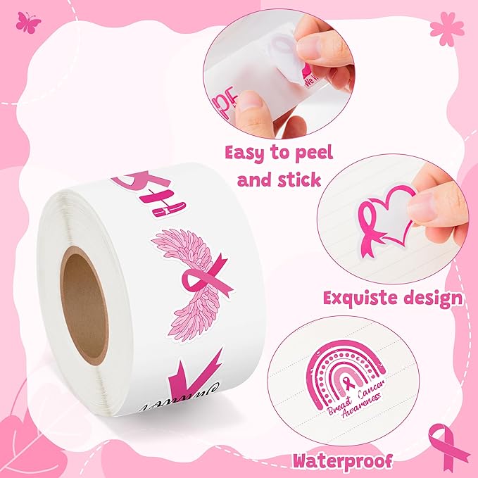 beyumi breast cancer awareness stickers - 1000pcs breast cancer awareness stickers in 2 rolls waterproof vinyl pink ribbon caring for women's health decals care about women laptop bottle luggage decor