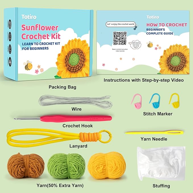 Totiro Crochet Kit for Beginners, Sunflower Amigurumi Starter Kit, Easy DIY Craft Set with Step-by-Step Video Tutorials, Flower Crochet Pattern Learning Kit for Teens Adults Birthday Gift with Lanyard