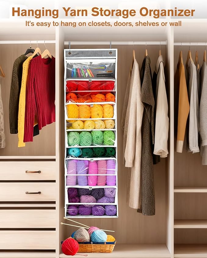 Hanging Yarn Storage Organizer, Large Capacity Over the Door Yarn Organizer with 6 Clear Zipper Pockets 10 Mesh Side Bags, Hanging Yarn Holder Knitting Storage Bag for Crochet Hooks, Grey