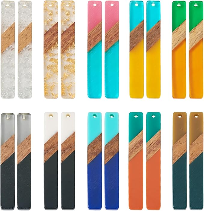 Beadthoven 20pcs/10 Pairs Rectangle Bar Wood Charms Western Charms for Earrings Assorted Colorful Natural Wood Earrings Pendants for Jewelry Making Necklace Findings Women
