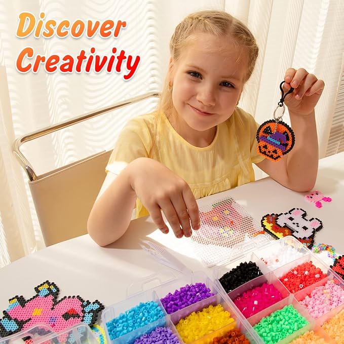 meland fuse beads - 24000pcs fuse beads kit for kids, 24 color 5mm iron beads set with 4 fluorescence color, 6 pegboards - craft kits gifts for birthday christmas