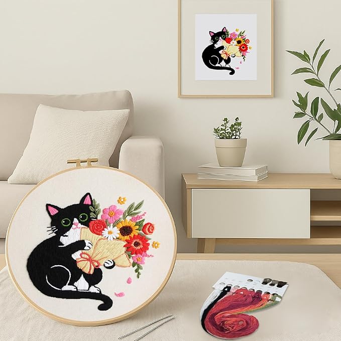 Nuberlic Black Cat Flowers Embroidery Kits for Beginners, DIY Cross Stitch Starter Craft Kits for Adults Including Cloth with Pattern, Hoop, Needles Instruction and Threads