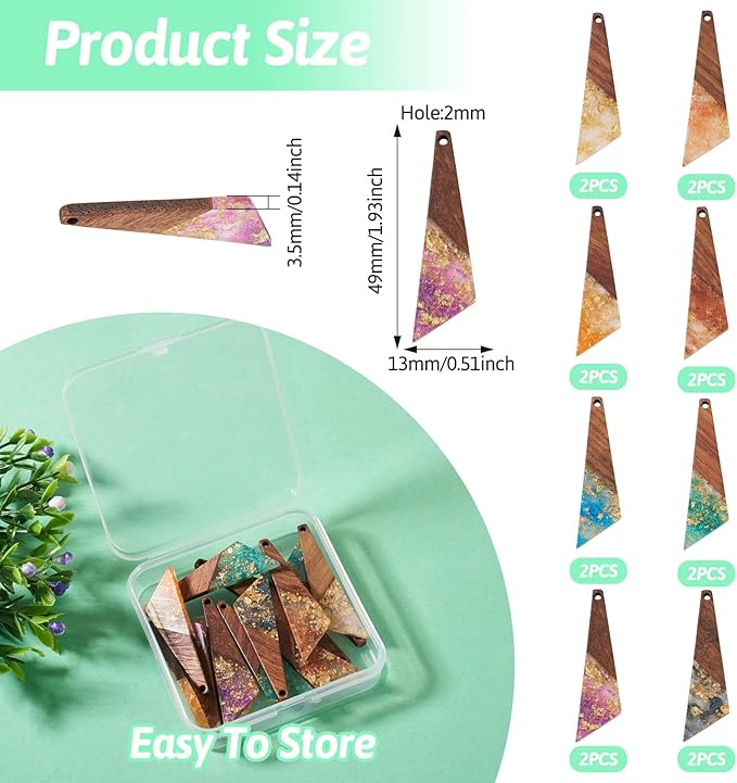 Beadthoven Colorful Resin Long Triangle Charms for Earrings Making, 16pcs/8 Pairs Resin Wood Charms with Gold Foil Hanging Ornaments Wooden Pieces for Jewelry Making Necklace Bookmarks DIY Crafts