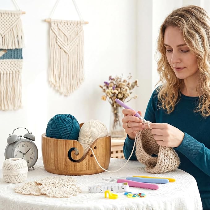Wooden Yarn Bowl Set, 6.7in x 4.1in Large Yarn Bowl for Crocheting, Complete Crochet Accessories Kit with 12 Size Crochet Hooks, Tape Measure, Counter, Scissors & Storage Bag