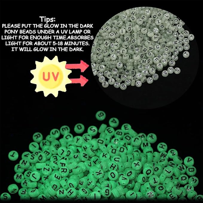 1000pcs Glow in The Dark 4x7mm Round Mixed Alphabet Number Letter Beads with Heart Shape for Jewelry Making and DIY Bracelets