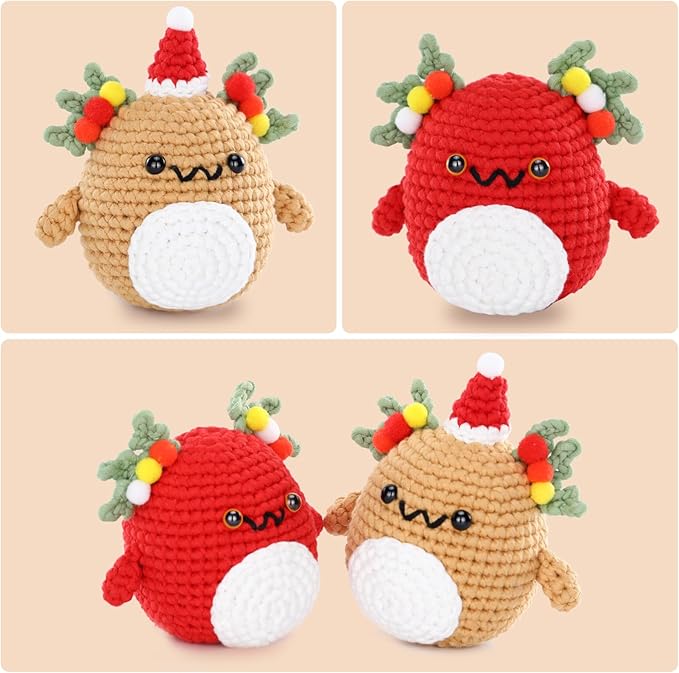 Christmas Crochet Kit for Beginners - 2 PCS Christmas Axolotl Crochet Kit, Beginners Crocheting Kitting for Adults Teen, DIY Craft Gifts with Crochets Yarns, Hook, Step-by-Step Video, Instruction