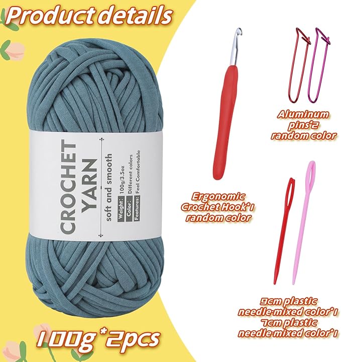 SHWAKK 2 Pack T-Shirt Yarn Set, Gray Blue Knitting Crochet T Shirt Yarn, Tshirt Yarn Kit for Crocheting, Ribbon Cotton Yarn, Knitting Ball