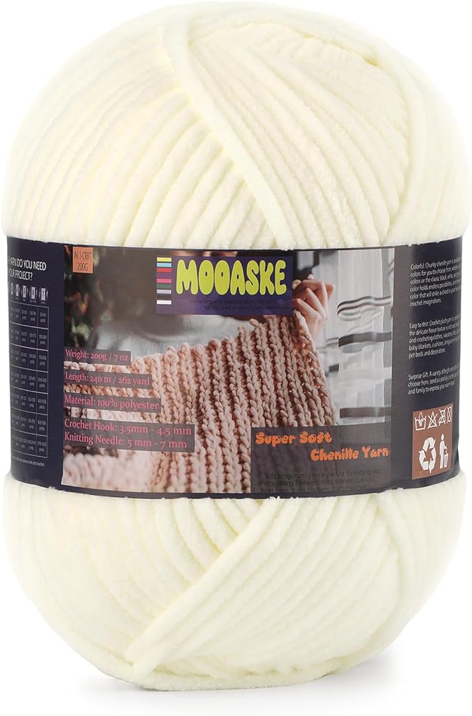 Chunky Velvet Yarn for Crocheting & Knitting, 7.05oz 262.4yd Super Soft Chenille Plush Yarn, Bulk Thick Yarns for Baby Blankets, Amigurumi, Scarves | 20 Colors (1, Cream)
