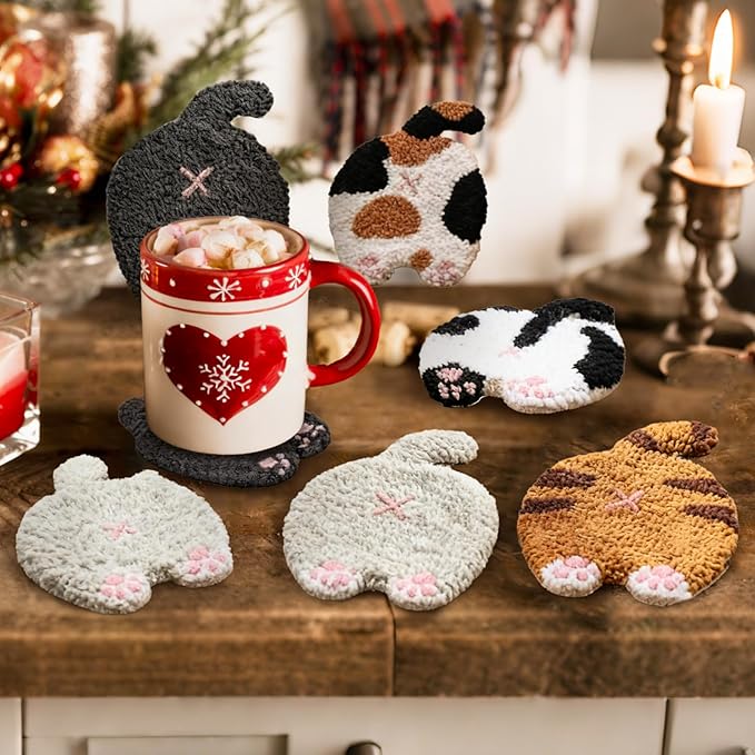 JarThenaAMCS 26 Pcs Pet Punch Needle Coaster Kits Cat Crafts Coasters Kit with Adhesive Felt Yarns Embroidery Hoop Instruction for Adults Beginners DIY Decor
