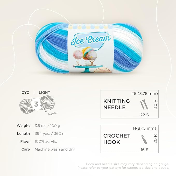 Lion Brand Yarn, Ice Cream Baby Yarn for Knitting, Crochet, and Crafts, Blue Moon, 3 Pack, DK Weight Colorful Acrylic Fiber for Baby Blankets, Hats, and Sweaters
