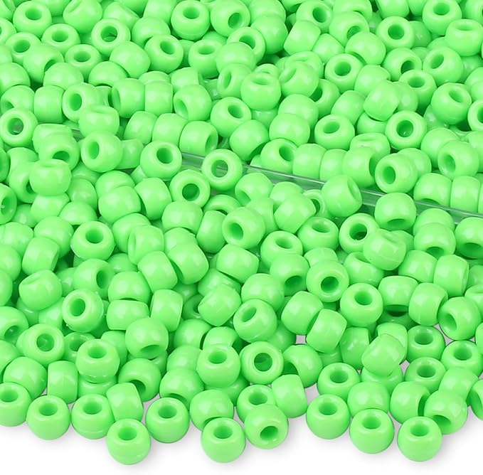 1000 Pc Boxed Fresh Green Pony Beads Bulk, 9MM Plastic Craft Beads with Large Hole, Green Hair Bead for Braids, Bracelet Bead for Jewelry Making