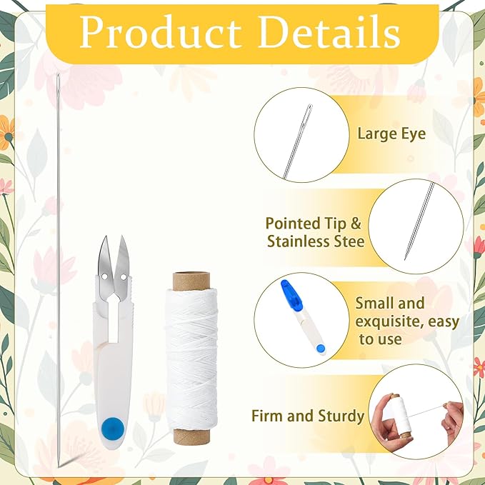 kaiolbly 9 Piece Lei Needle Kit Lei Making Supplies with 4 Long Needles 4 Waxed Strings 1 Sewing Scissors for Hawaiian Leis Stitch Crafts DIY Floral Garland