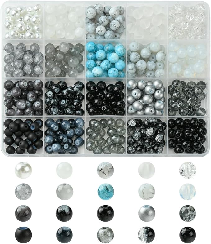 Echoed Elegance 8 Color Gradient Glass Beads Kit - 400pcs 8mm Round Beads for DIY Jewelry Making, Bracelets, Necklaces - Mixed Blending Color Craft Beads with Storage Box (Black White)